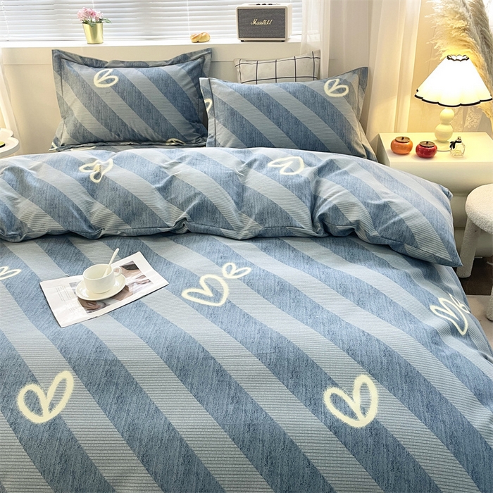 91家纺网 家纺一手货源 找家纺 仟岸家纺 2025新款亲肤舒适全棉磨毛四件套系列 一心一意蓝