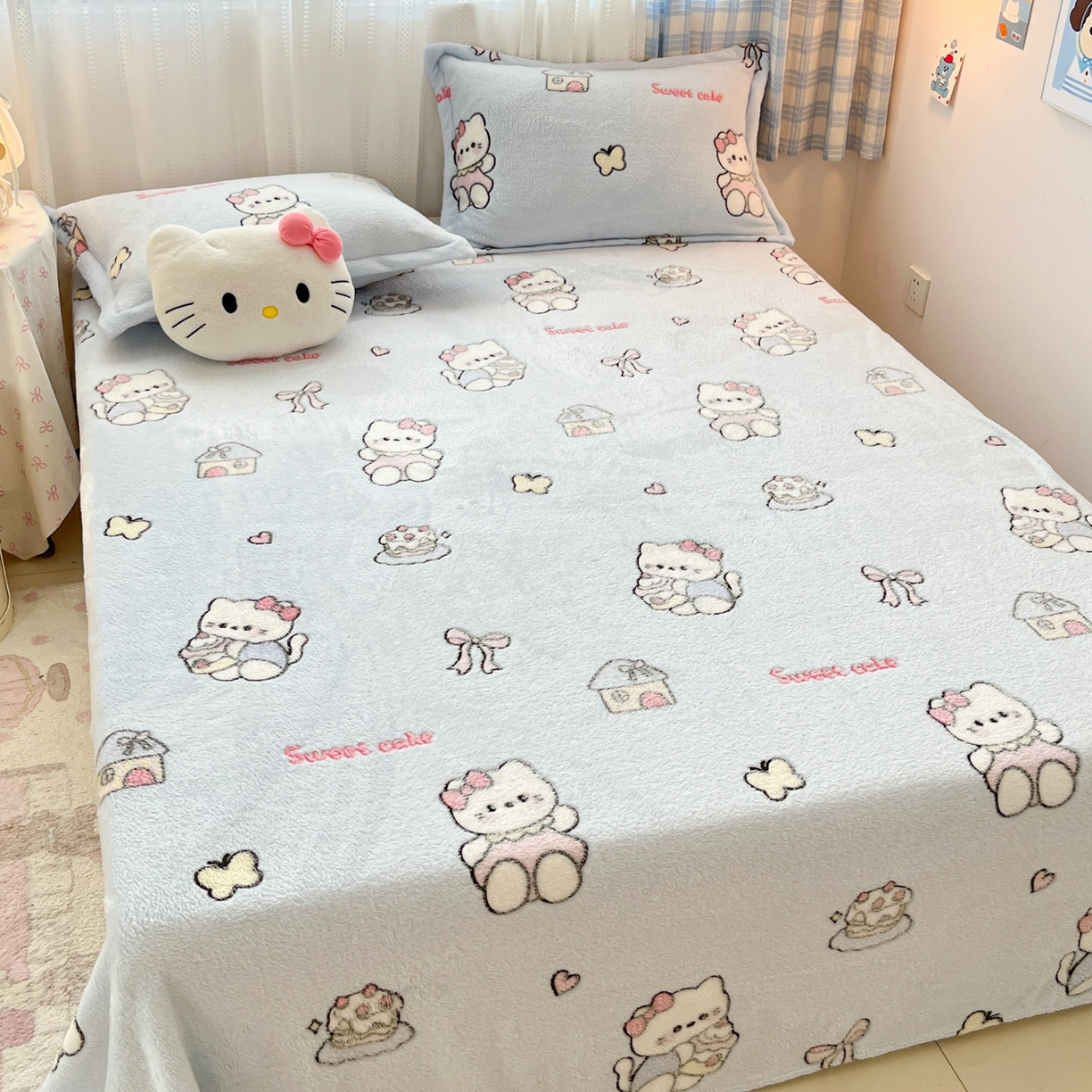 91家纺网 家纺一手货源 找家纺 川悦生活 2025新款高克重双面雪花绒印花毛毯三件套 毛毯幸运小咪