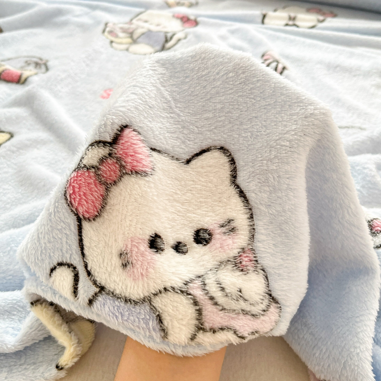 91家纺网 家纺一手货源 找家纺 川悦生活 2025新款高克重双面雪花绒印花毛毯三件套 毛毯幸运小咪