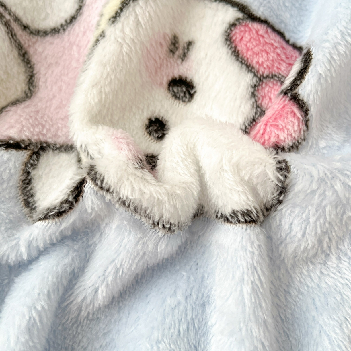 91家纺网 家纺一手货源 找家纺 川悦生活 2025新款高克重双面雪花绒印花毛毯三件套 毛毯幸运小咪