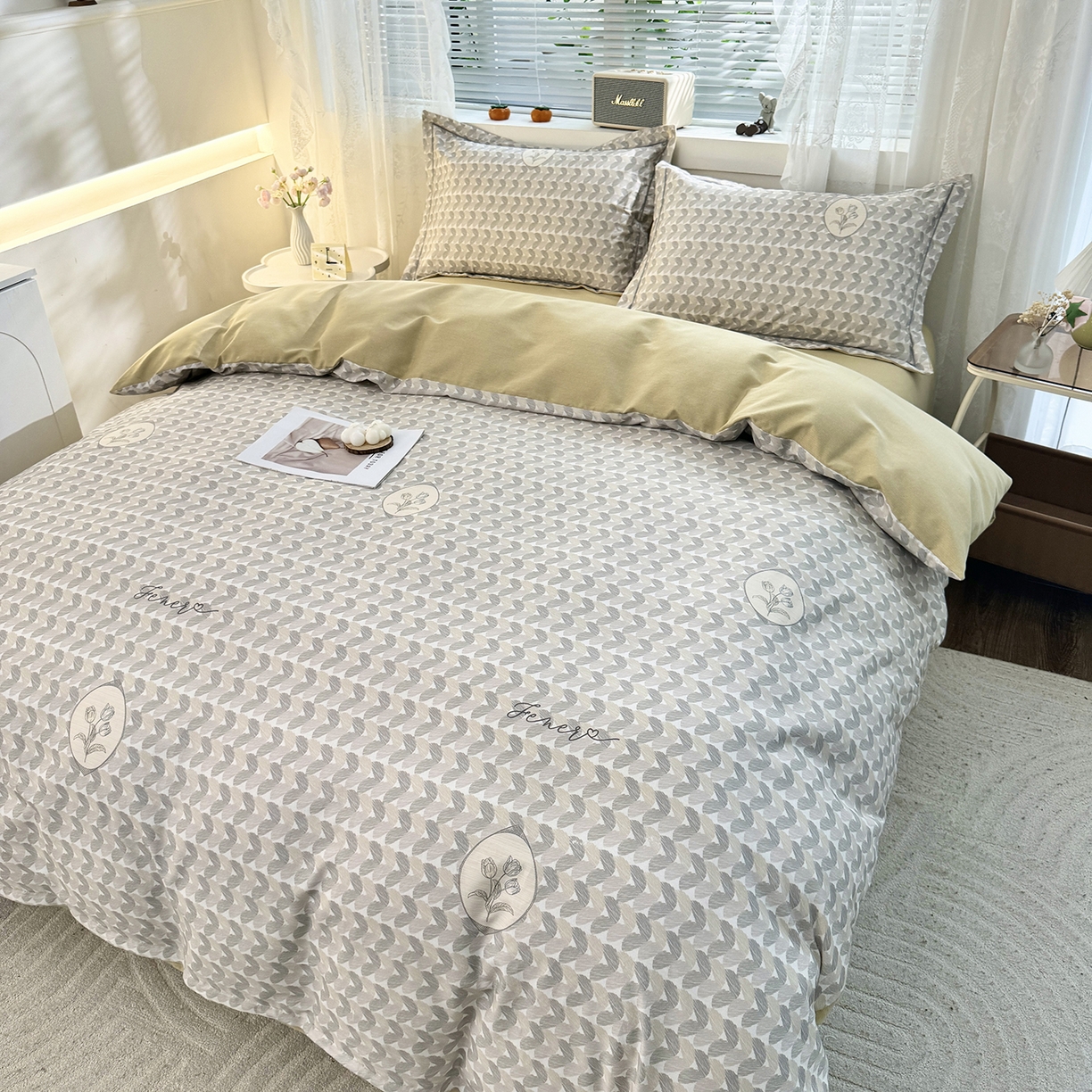 91家纺网 家纺一手货源 找家纺 仟岸家纺 2025新款亲肤舒适全棉磨毛四件套系列 尤克里里