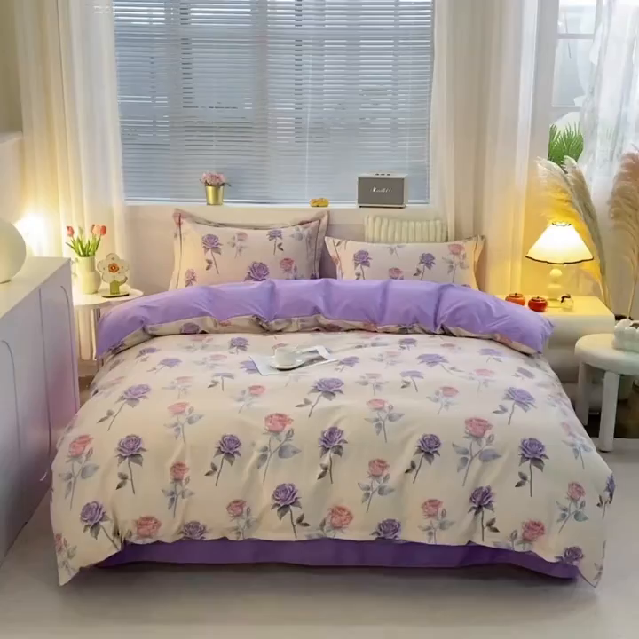 91家纺网 家纺一手货源 找家纺 仟岸家纺 2025新款亲肤舒适全棉磨毛四件套系列 幸福玫瑰