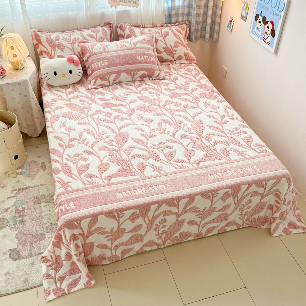 91家纺网 家纺一手货源 找家纺 川悦生活 2025新款高克重双面雪花绒印花毛毯三件套 毛毯月桂-粉