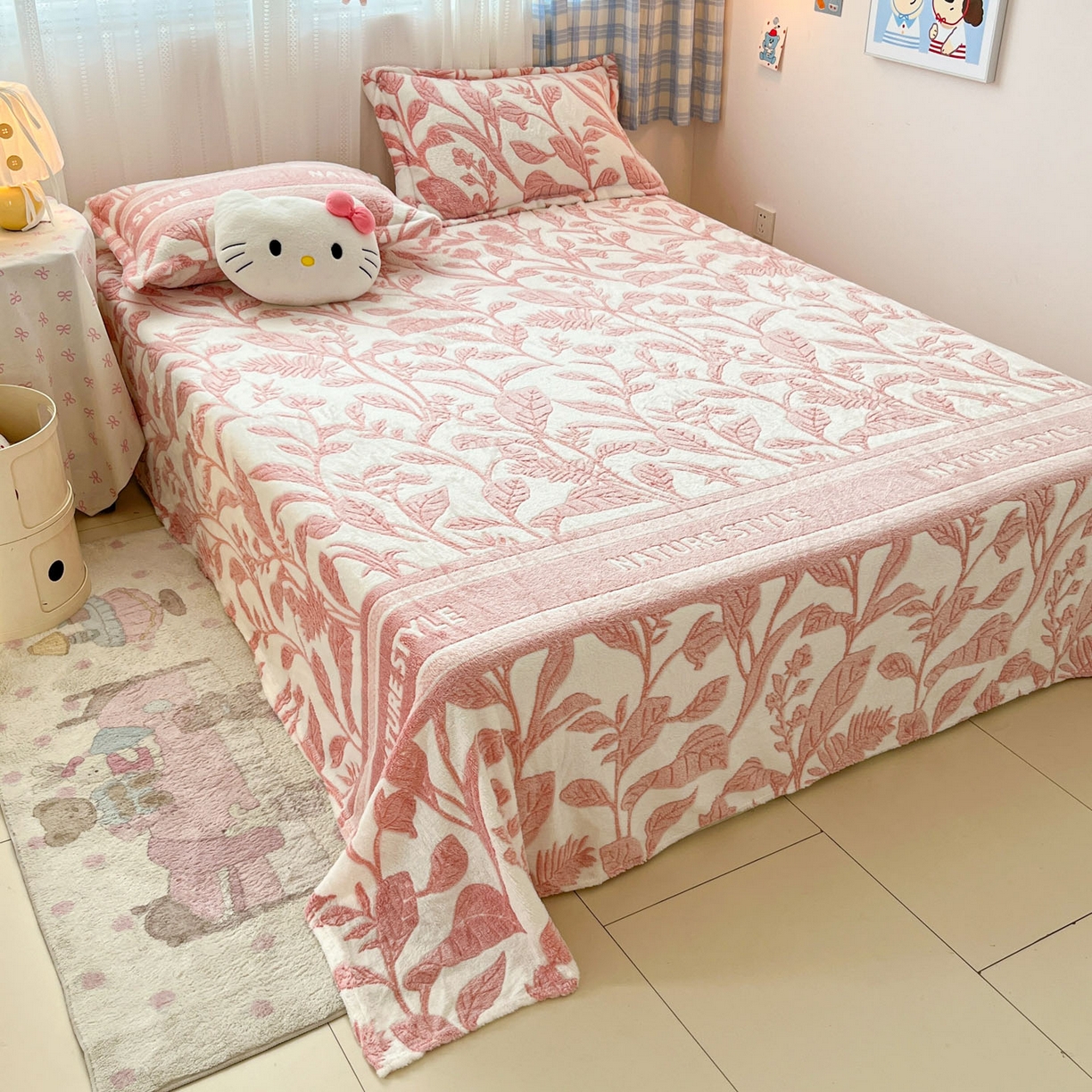 91家纺网 家纺一手货源 找家纺 川悦生活 2025新款高克重双面雪花绒印花毛毯三件套 毛毯月桂-粉