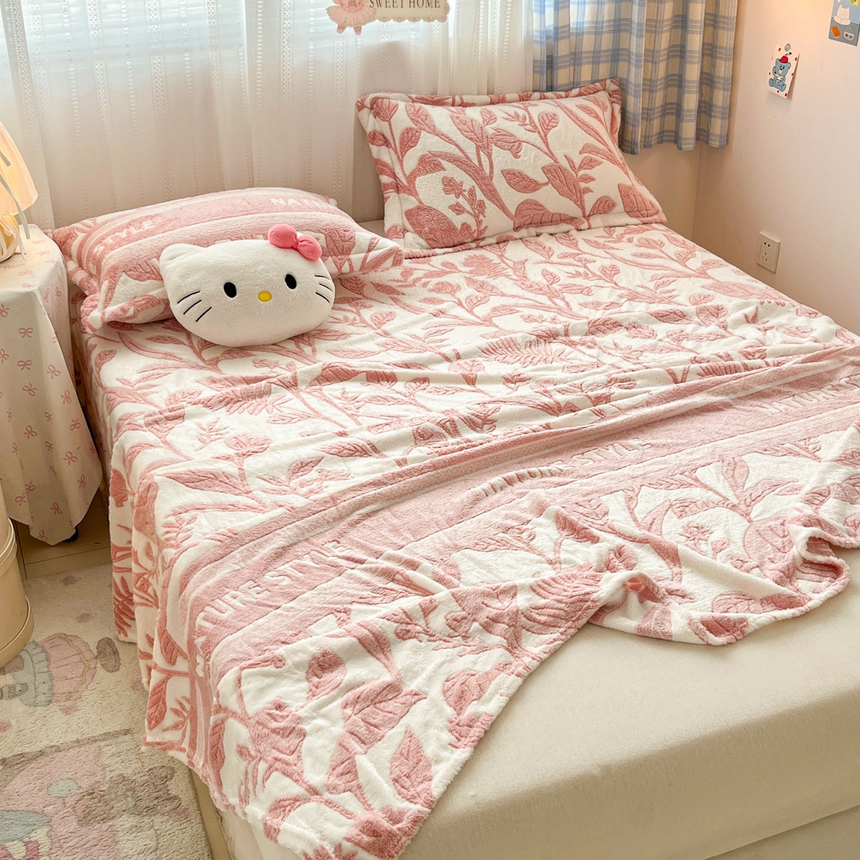 91家纺网 家纺一手货源 找家纺 川悦生活 2025新款高克重双面雪花绒印花毛毯三件套 毛毯月桂-粉