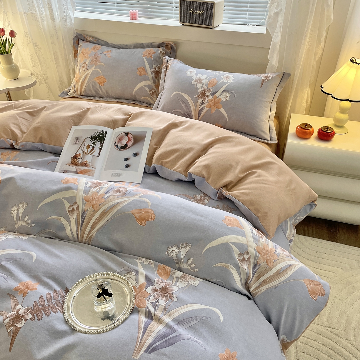 91家纺网 家纺一手货源 找家纺 仟岸家纺 2025新款亲肤舒适全棉磨毛四件套系列 玉兰晚香