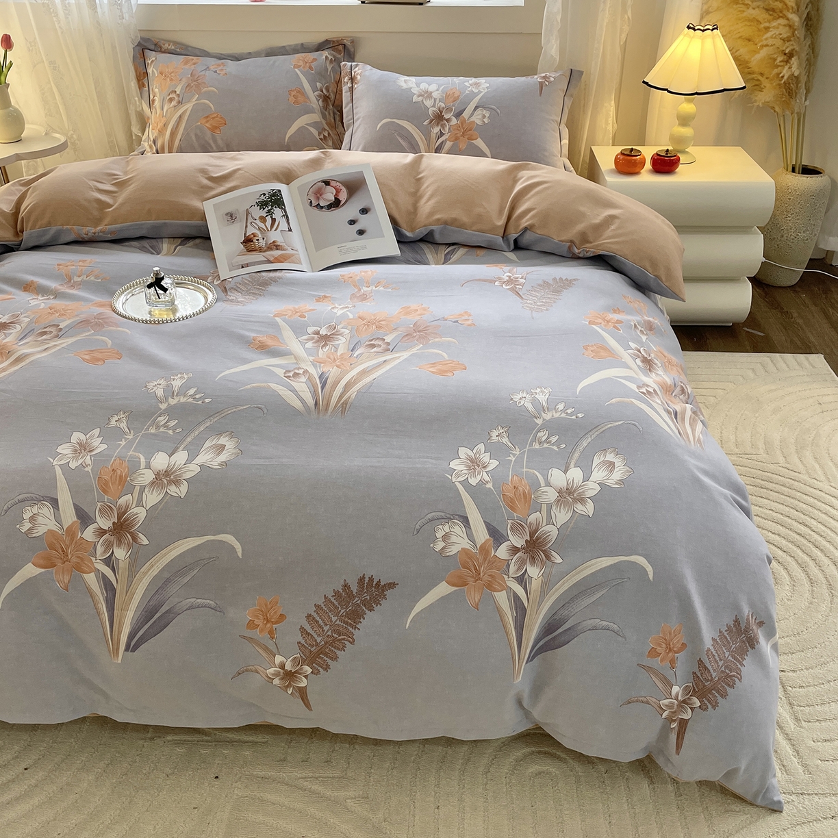 91家纺网 家纺一手货源 找家纺 仟岸家纺 2025新款亲肤舒适全棉磨毛四件套系列 玉兰晚香