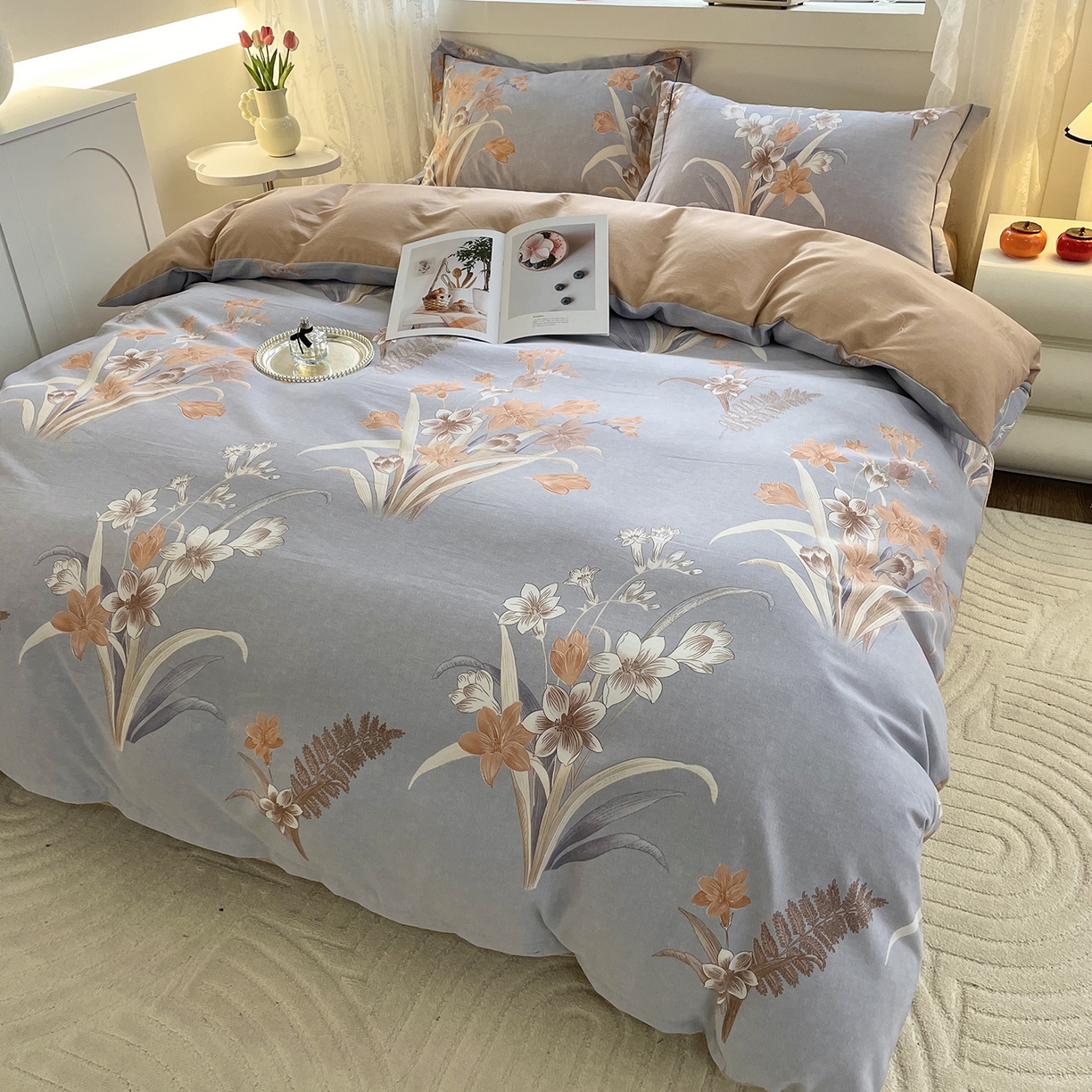 91家纺网 家纺一手货源 找家纺 仟岸家纺 2025新款亲肤舒适全棉磨毛四件套系列 玉兰晚香