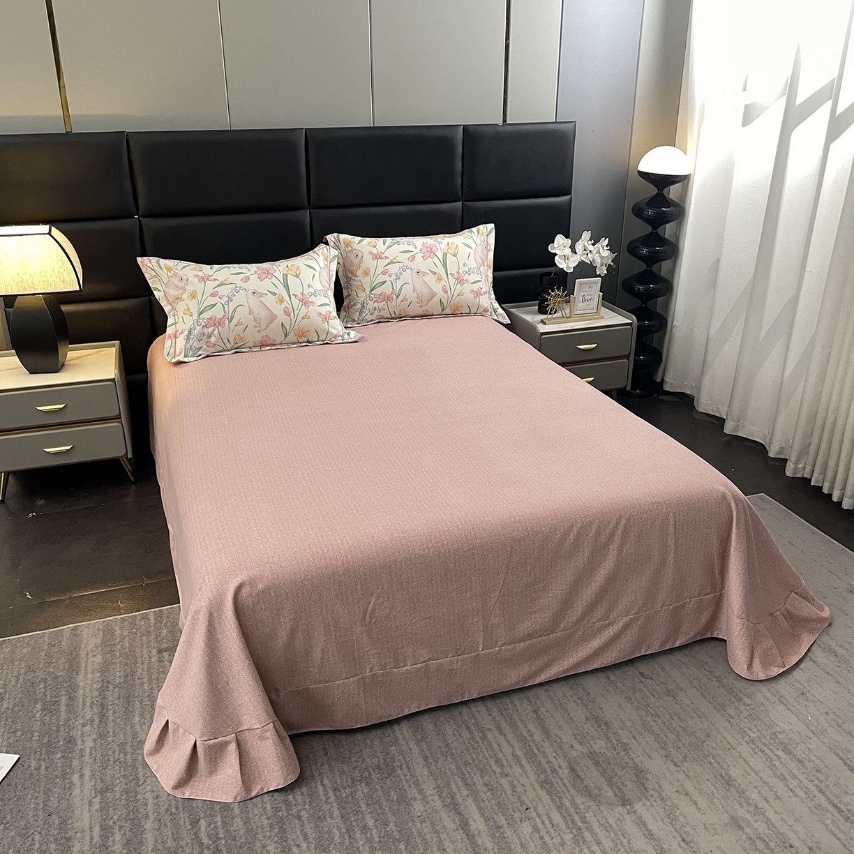 91家纺网 家纺一手货源 找家纺 仟岸家纺 2025新款亲肤舒适全棉磨毛四件套系列 田园兔