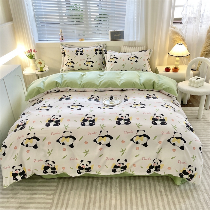 91家纺网 家纺一手货源 找家纺 仟岸家纺 2025新款亲肤舒适全棉磨毛四件套系列 熊猫竹叶