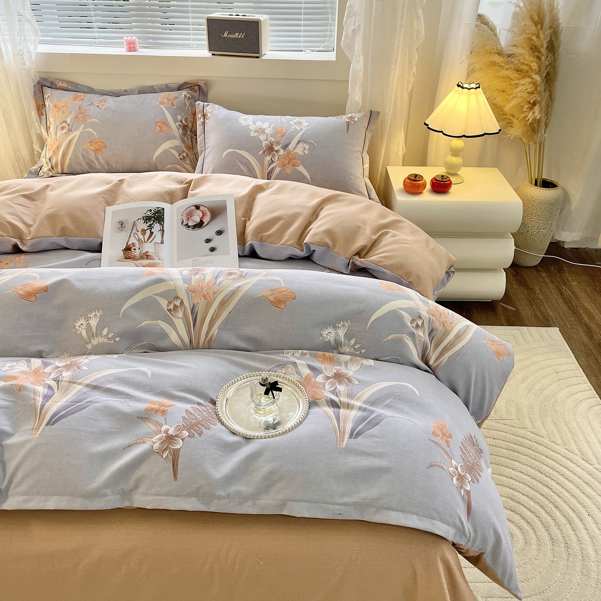 91家纺网 家纺一手货源 找家纺 仟岸家纺 2025新款亲肤舒适全棉磨毛四件套系列 玉兰晚香