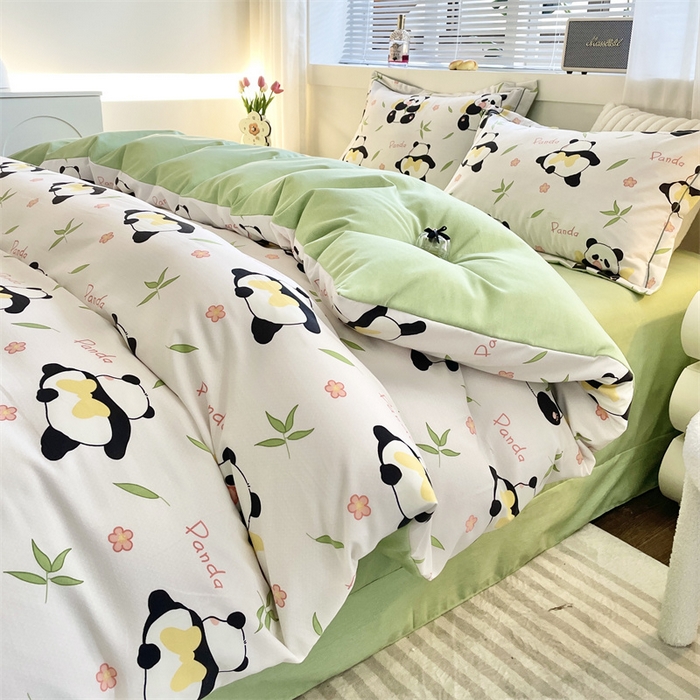 91家纺网 家纺一手货源 找家纺 仟岸家纺 2025新款亲肤舒适全棉磨毛四件套系列 熊猫竹叶