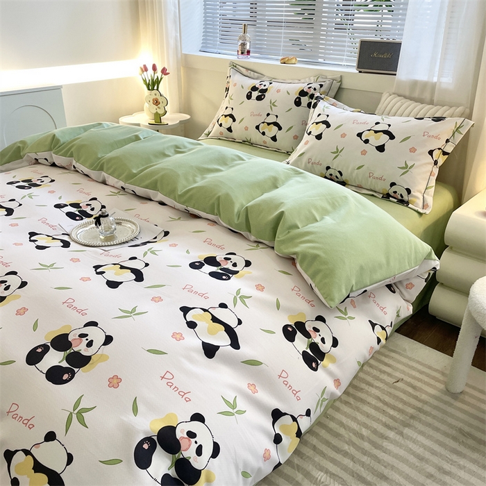 91家纺网 家纺一手货源 找家纺 仟岸家纺 2025新款亲肤舒适全棉磨毛四件套系列 熊猫竹叶