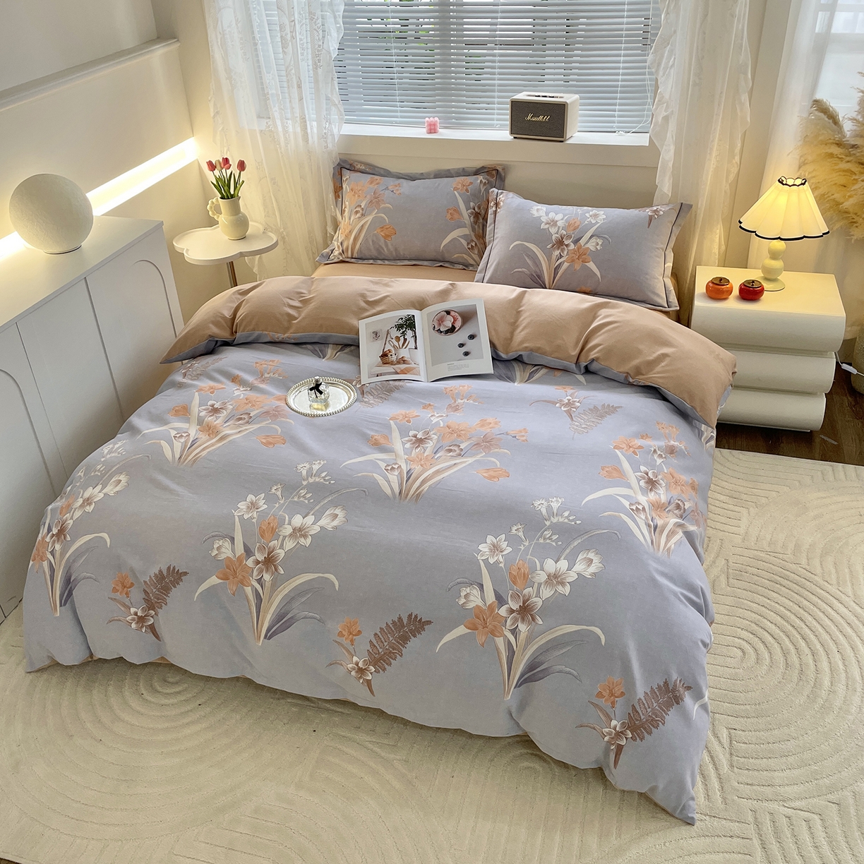 91家纺网 家纺一手货源 找家纺 仟岸家纺 2025新款亲肤舒适全棉磨毛四件套系列 玉兰晚香