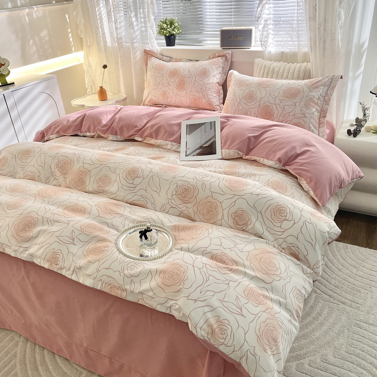 91家纺网 家纺一手货源 找家纺 仟岸家纺 2025新款亲肤舒适全棉磨毛四件套系列 微光玫瑰