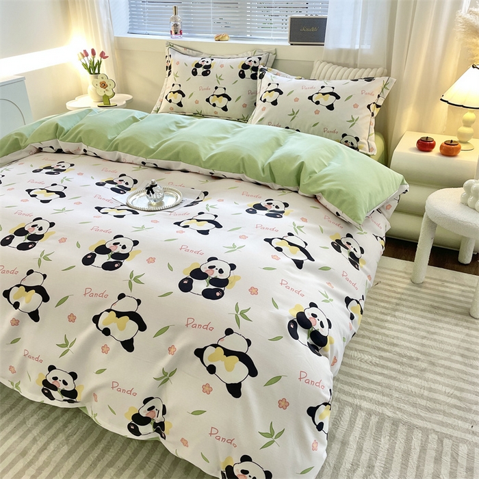 91家纺网 家纺一手货源 找家纺 仟岸家纺 2025新款亲肤舒适全棉磨毛四件套系列 熊猫竹叶