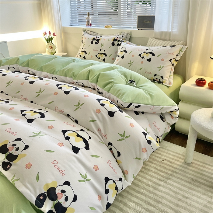 91家纺网 家纺一手货源 找家纺 仟岸家纺 2025新款亲肤舒适全棉磨毛四件套系列 熊猫竹叶