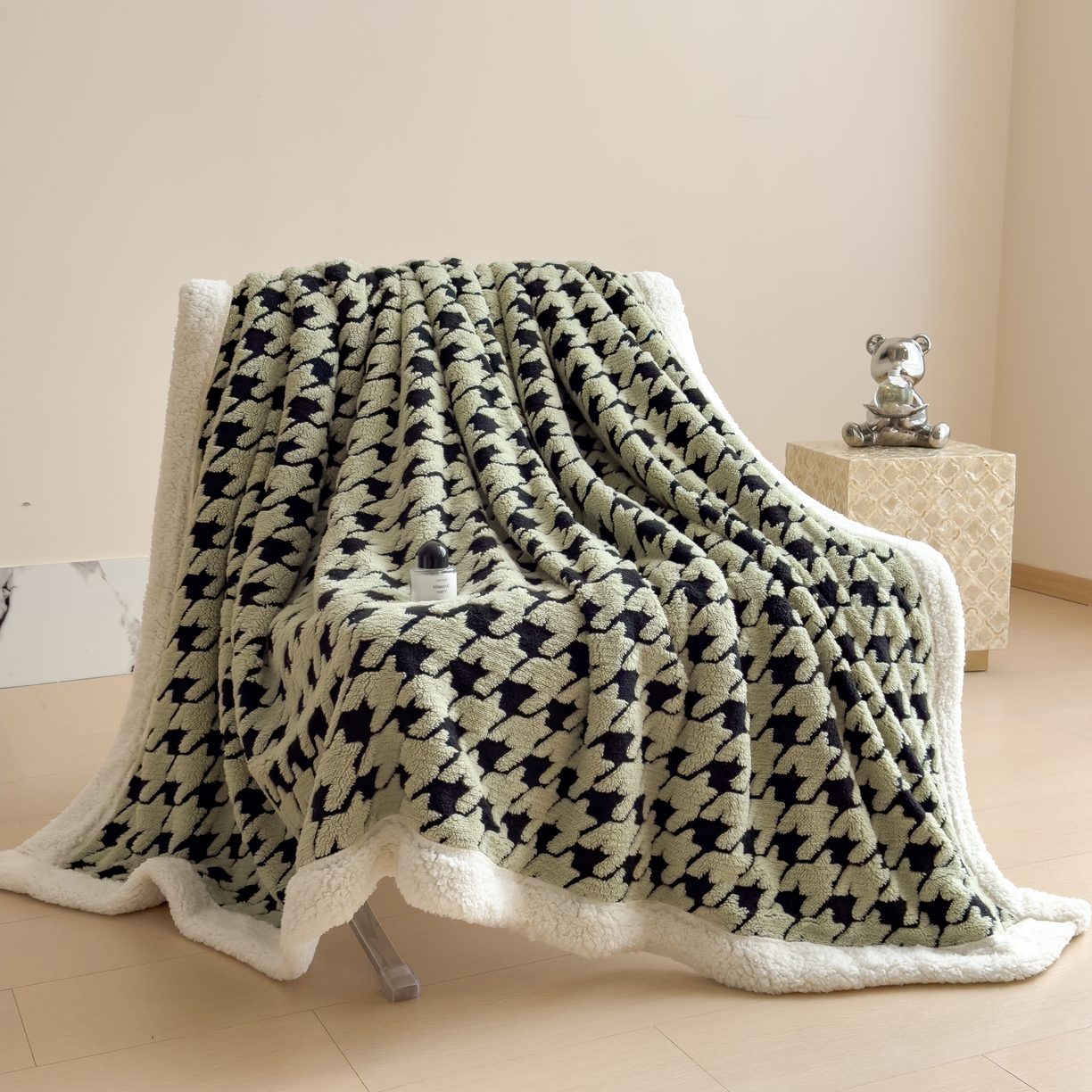 91家纺网 家纺一手货源 找家纺 慕木家纺 2025新款A类提花加厚云感绒双层千鸟格毛毯盖毯毯子（跨境爆款抽空压缩） 千鸟格-清新绿