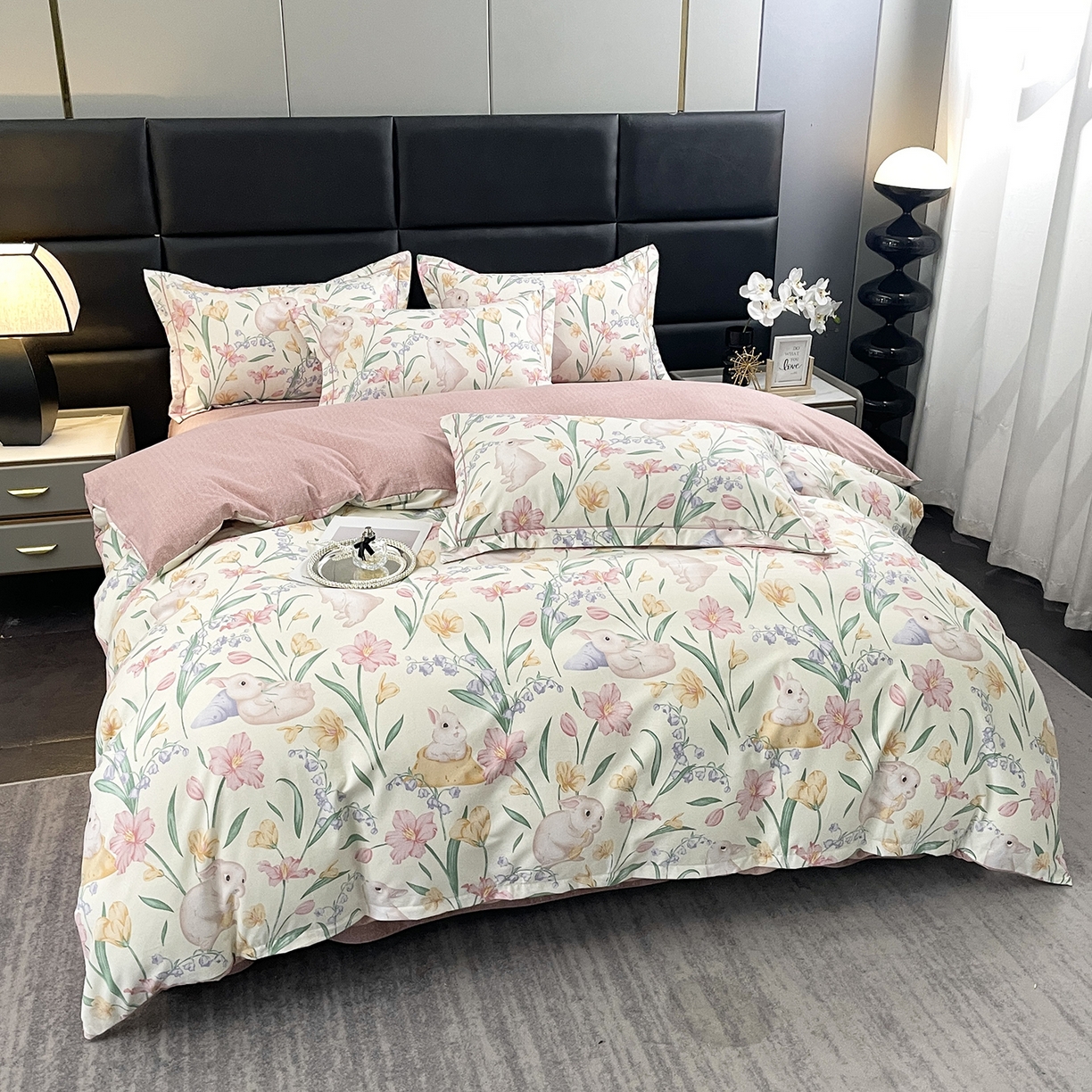 91家纺网 家纺一手货源 找家纺 仟岸家纺 2025新款亲肤舒适全棉磨毛四件套系列 田园兔