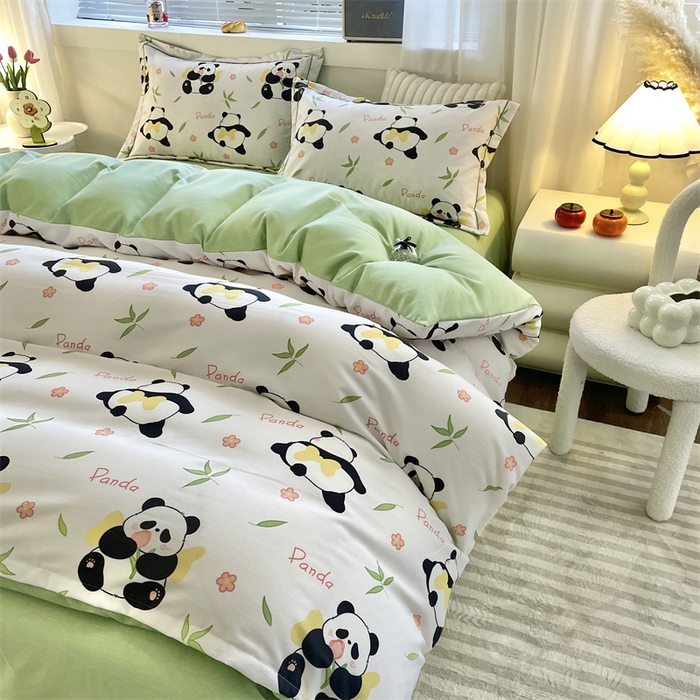 91家纺网 家纺一手货源 找家纺 仟岸家纺 2025新款亲肤舒适全棉磨毛四件套系列 熊猫竹叶