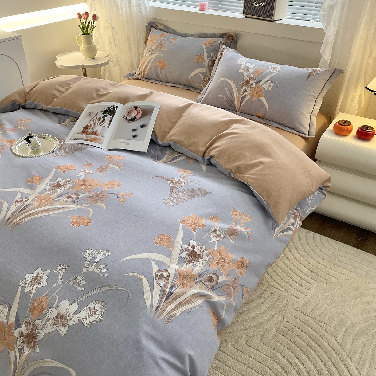 91家纺网 家纺一手货源 找家纺 仟岸家纺 2025新款亲肤舒适全棉磨毛四件套系列 玉兰晚香