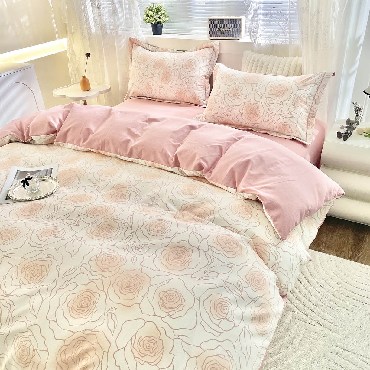 91家纺网 家纺一手货源 找家纺 仟岸家纺 2025新款亲肤舒适全棉磨毛四件套系列 微光玫瑰