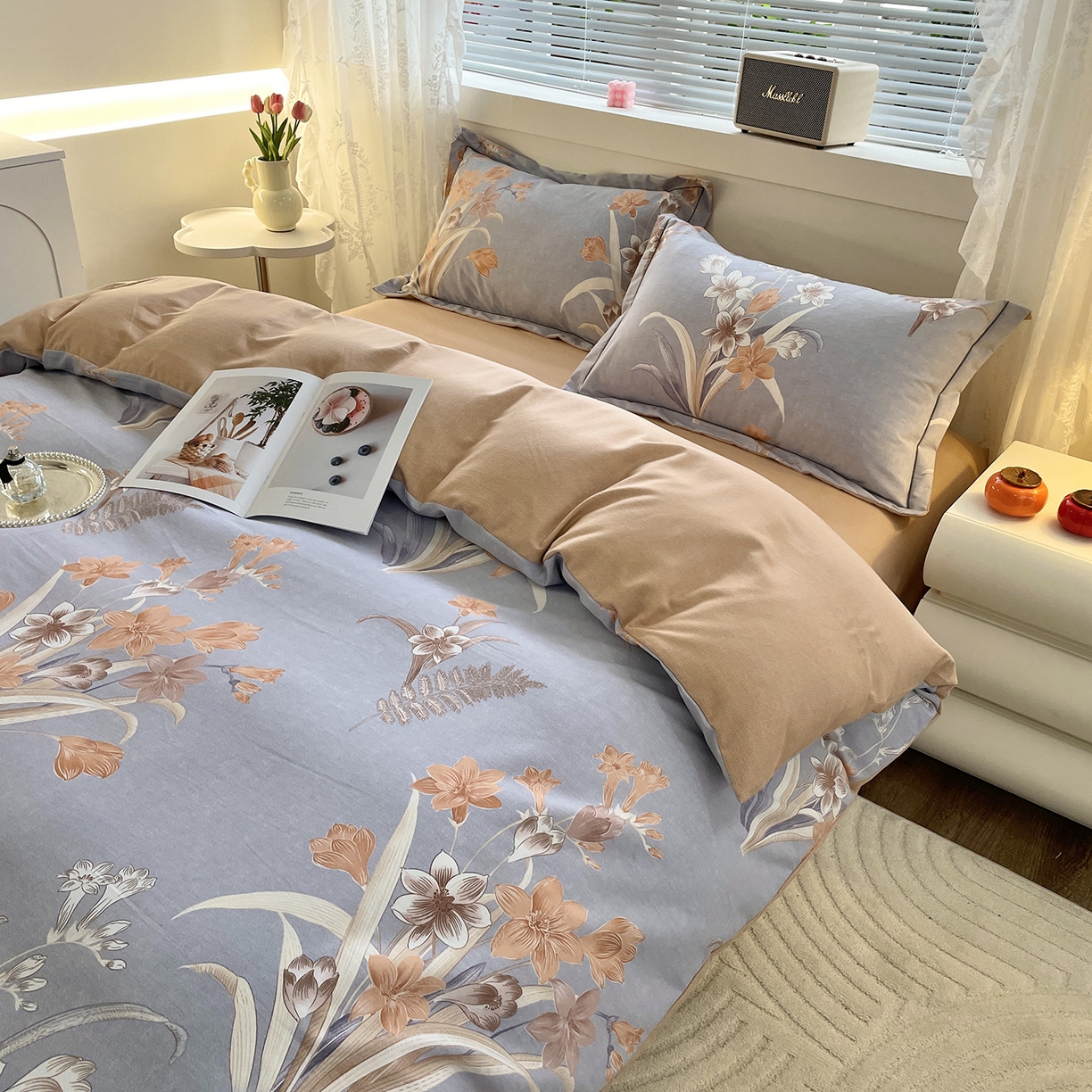 91家纺网 家纺一手货源 找家纺 仟岸家纺 2025新款亲肤舒适全棉磨毛四件套系列 玉兰晚香