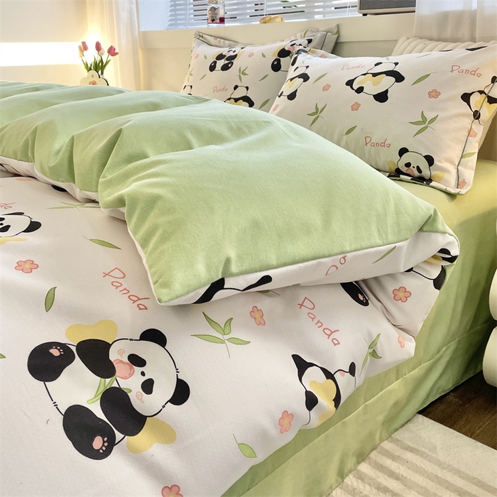 91家纺网 家纺一手货源 找家纺 仟岸家纺 2025新款亲肤舒适全棉磨毛四件套系列 熊猫竹叶