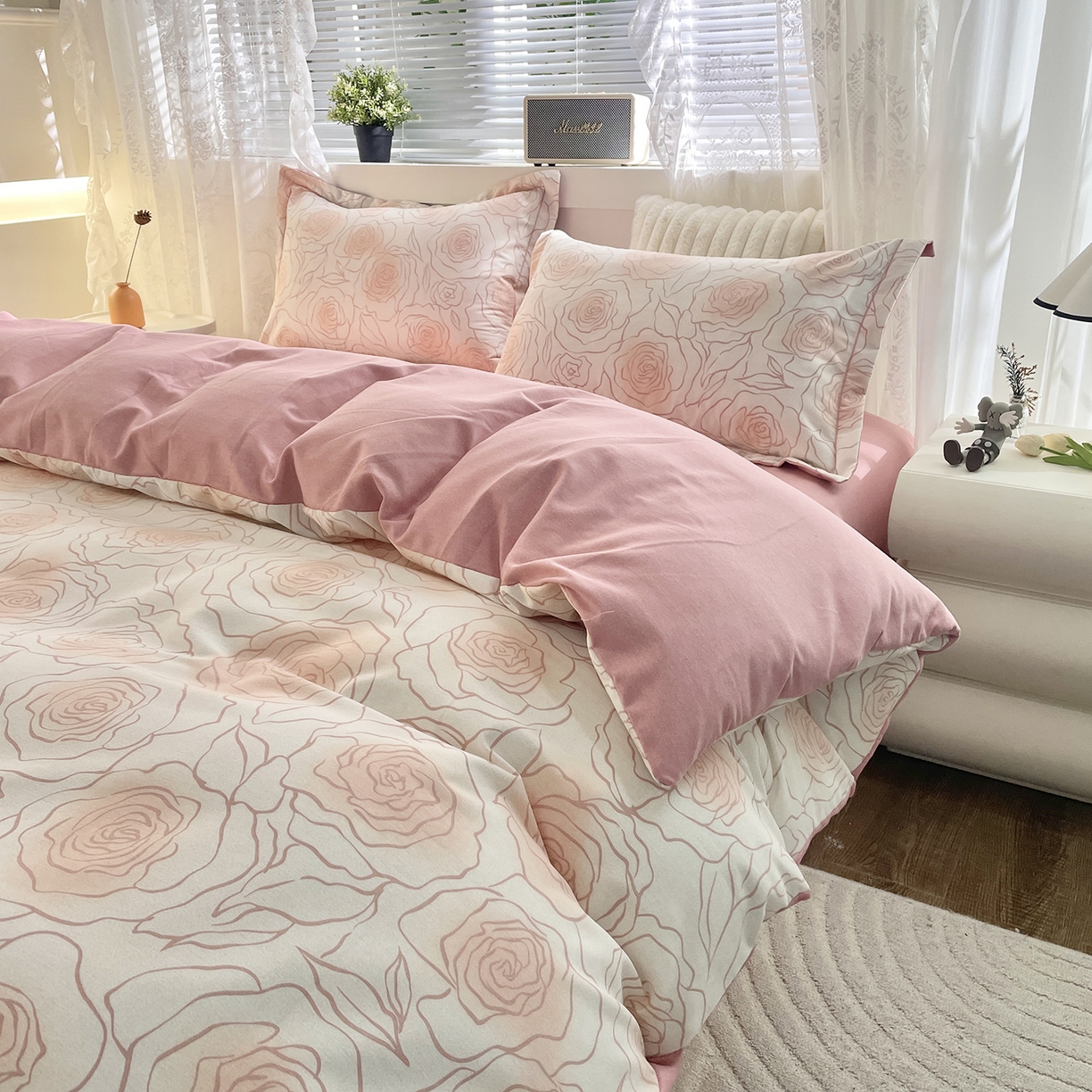 91家纺网 家纺一手货源 找家纺 仟岸家纺 2025新款亲肤舒适全棉磨毛四件套系列 微光玫瑰