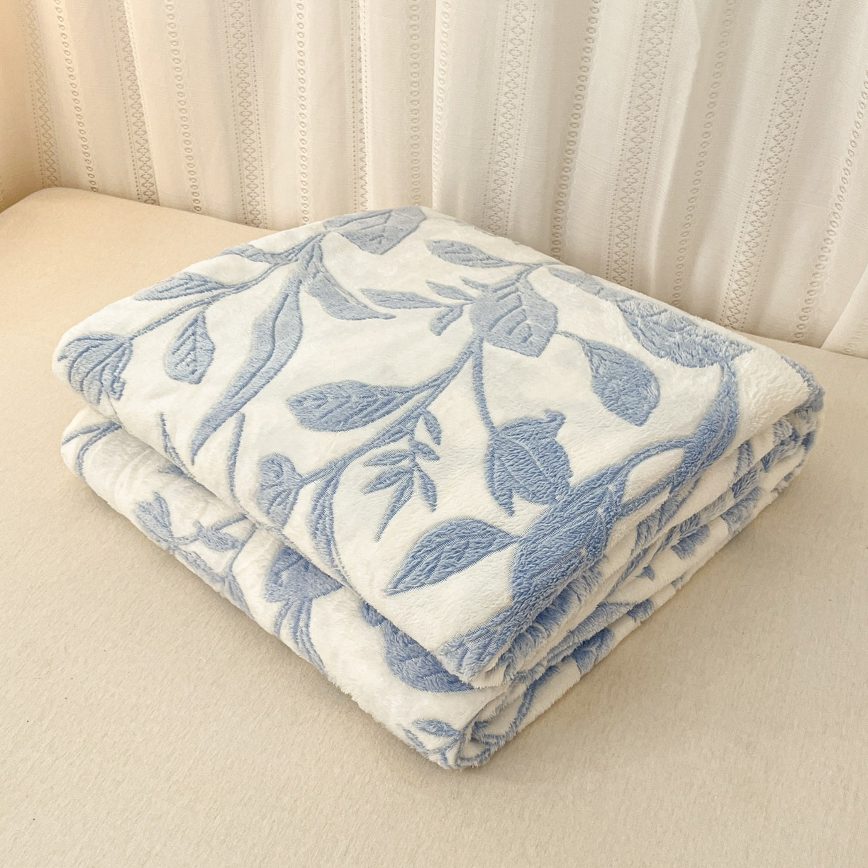 川悦生活 2025新款高克重双面雪花绒印花毛毯三件套 毛毯月桂-蓝
