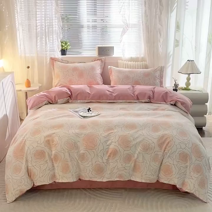 91家纺网 家纺一手货源 找家纺 仟岸家纺 2025新款亲肤舒适全棉磨毛四件套系列 微光玫瑰