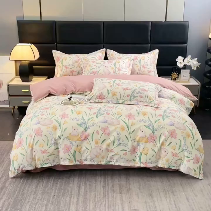 91家纺网 家纺一手货源 找家纺 仟岸家纺 2025新款亲肤舒适全棉磨毛四件套系列 田园兔