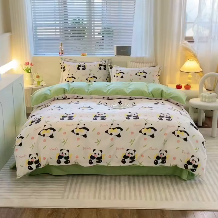 91家纺网 家纺一手货源 找家纺 仟岸家纺 2025新款亲肤舒适全棉磨毛四件套系列 熊猫竹叶