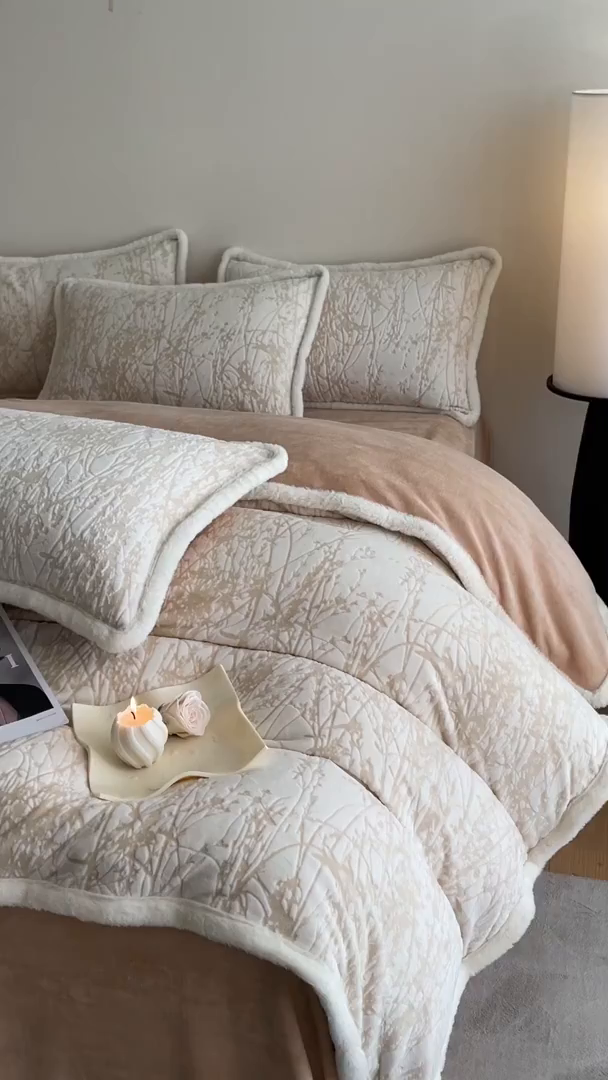 91家纺网 家纺一手货源 找家纺 吾诺家居 230克兔毛边雕花绒四件套-秋意系列 秋意