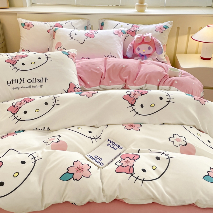 91家纺网 家纺一手货源 找家纺 港岛妹妹 2025新款云朵水洗工艺三丽鸥四件套 三丽鸥-樱花kt猫