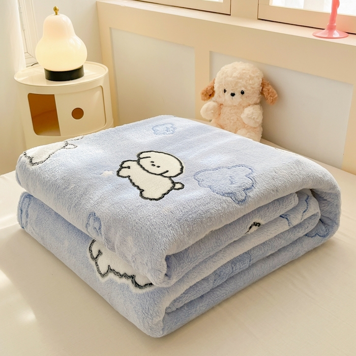 川悦生活 2025新款高克重双面雪花绒印花毛毯三件套 毛毯云朵奶狗