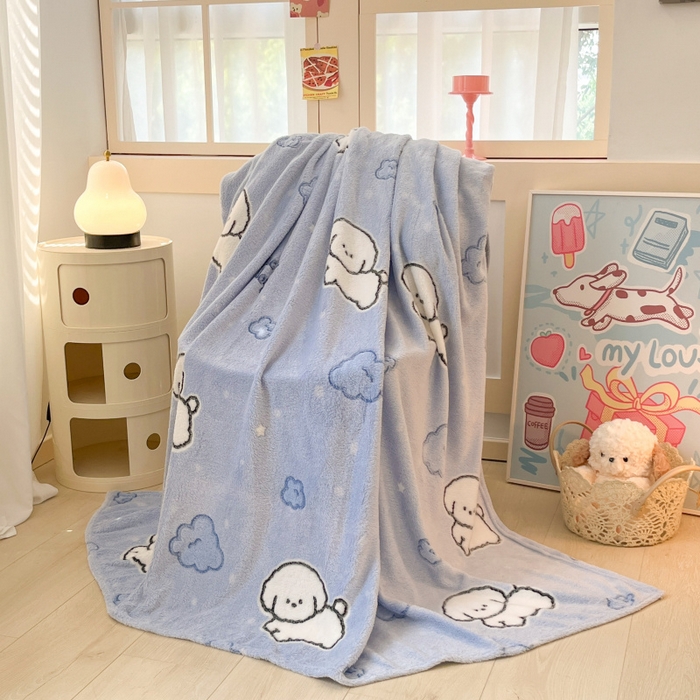 91家纺网 家纺一手货源 找家纺 川悦生活 2025新款高克重双面雪花绒印花毛毯三件套 毛毯云朵奶狗