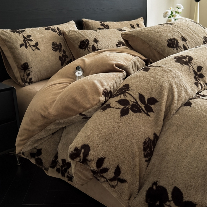 九花鹿 2025新款A类高克重兔毛绒保暖印花四件套美拉德-玫瑰花语