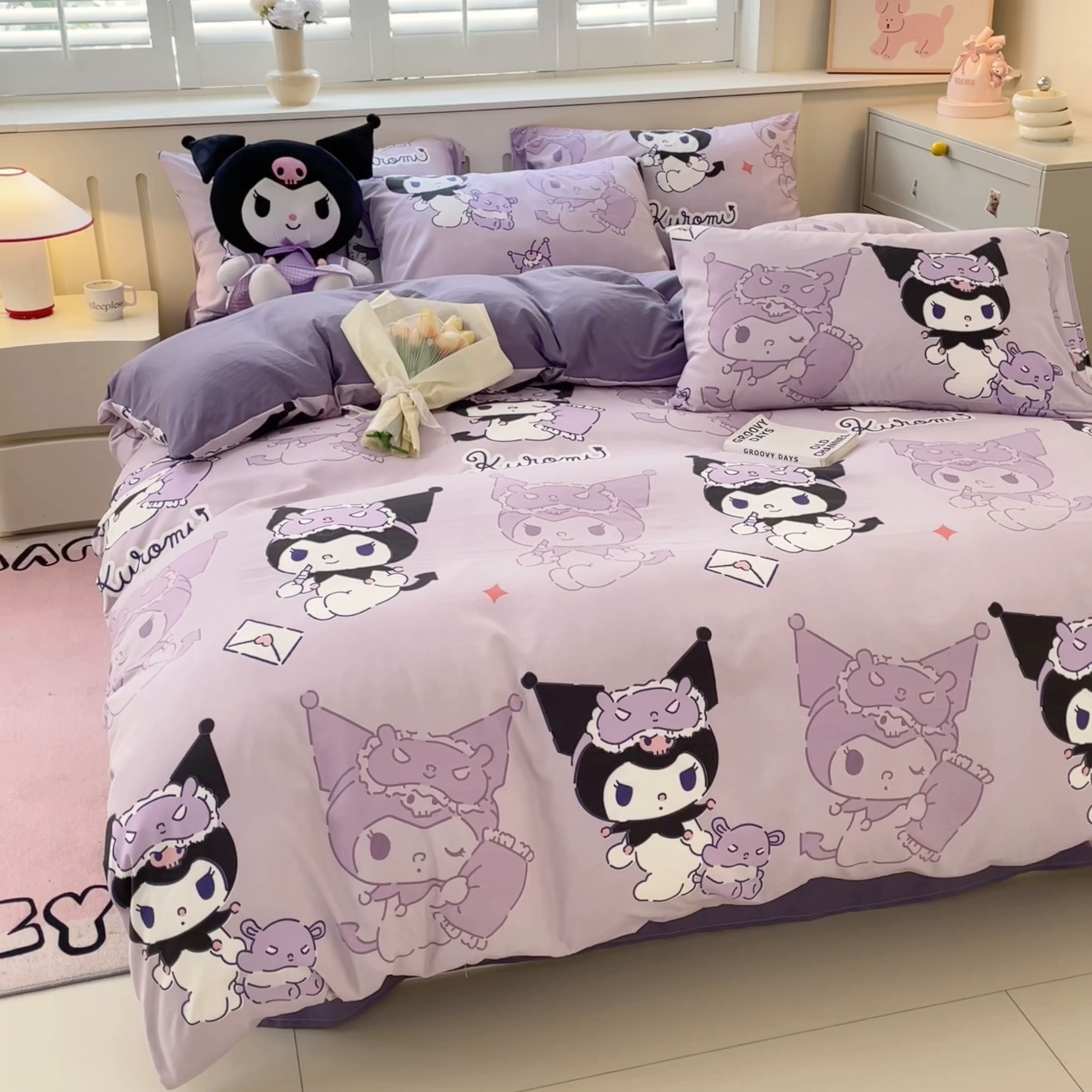 91家纺网 家纺一手货源 找家纺 港岛妹妹 2025新款云朵水洗工艺三丽鸥四件套 三丽鸥-紫色库洛米