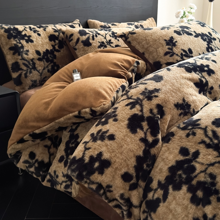 九花鹿 2025新款A类高克重兔毛绒保暖印花四件套美拉德-枝蔓(咖)