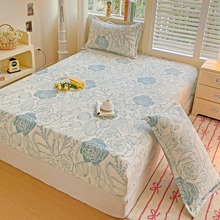 91家纺网 家纺一手货源 找家纺 名兮-2025新款立体高克重加厚浮雕绒单床笠款 朵美-蓝