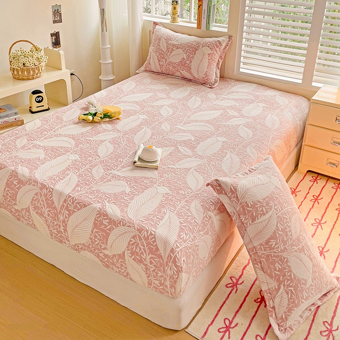 91家纺网 家纺一手货源 找家纺 名兮-2025新款立体高克重加厚浮雕绒单床笠款 千叶-粉