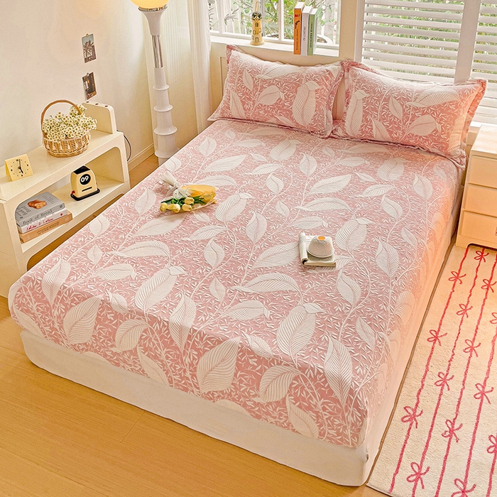 91家纺网 家纺一手货源 找家纺 名兮-2025新款立体高克重加厚浮雕绒单床笠款 千叶-粉