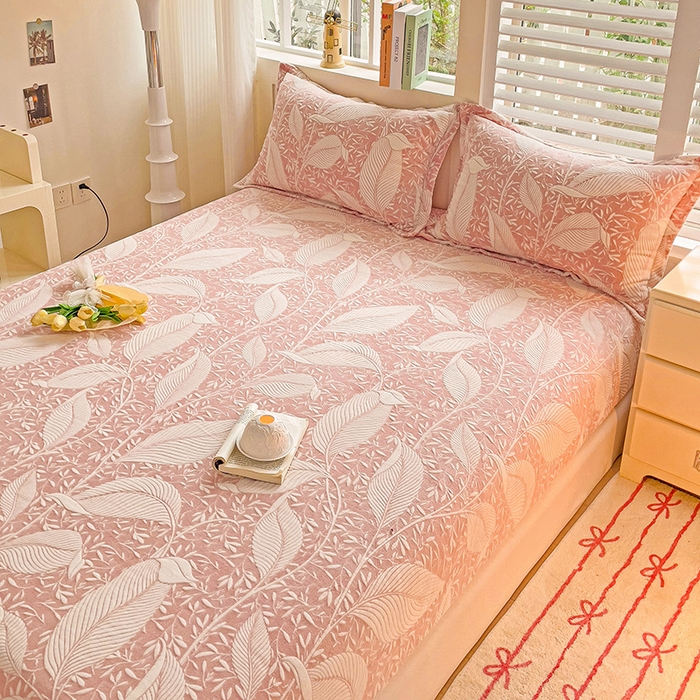 91家纺网 家纺一手货源 找家纺 名兮-2025新款立体高克重加厚浮雕绒单床笠款 千叶-粉