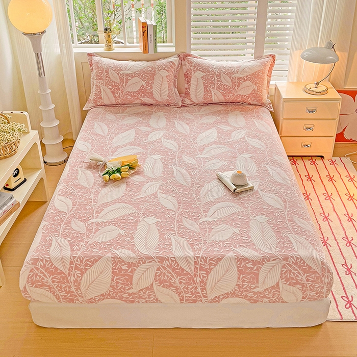 91家纺网 家纺一手货源 找家纺 名兮-2025新款立体高克重加厚浮雕绒单床笠款 千叶-粉