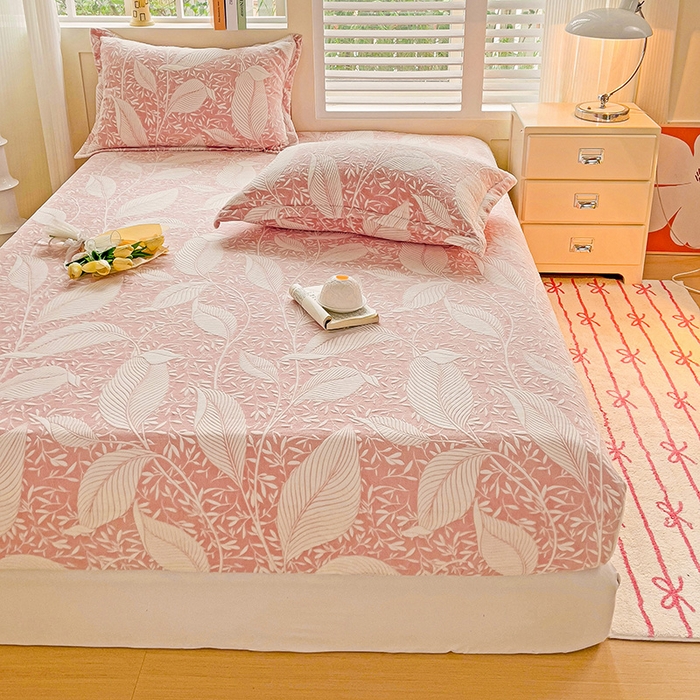 91家纺网 家纺一手货源 找家纺 名兮-2025新款立体高克重加厚浮雕绒单床笠款 千叶-粉