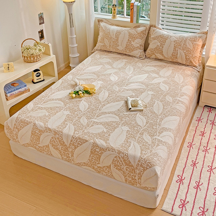 91家纺网 家纺一手货源 找家纺 名兮-2025新款立体高克重加厚浮雕绒单床笠款 千叶-咖