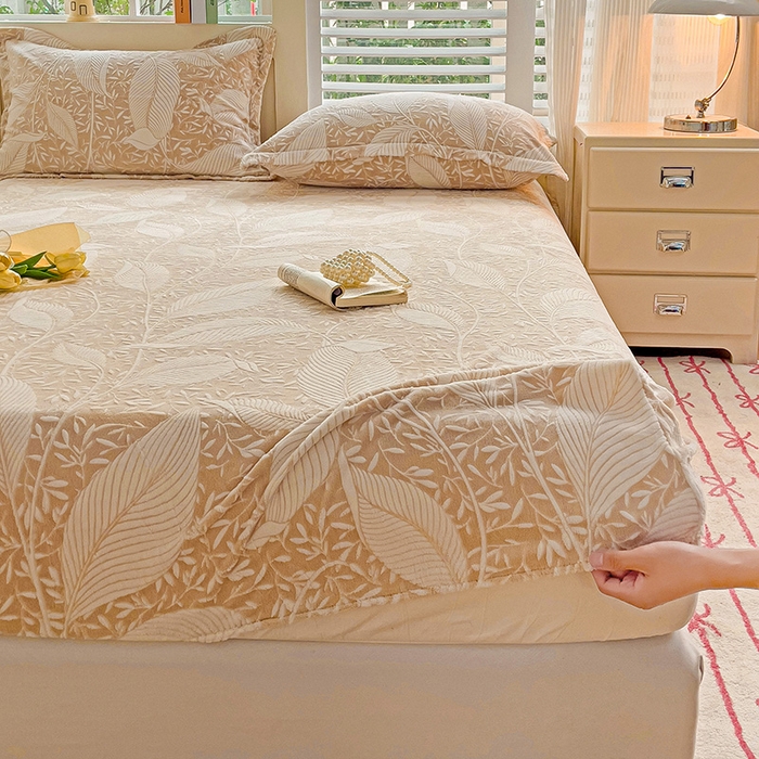 91家纺网 家纺一手货源 找家纺 名兮-2025新款立体高克重加厚浮雕绒单床笠款 千叶-咖