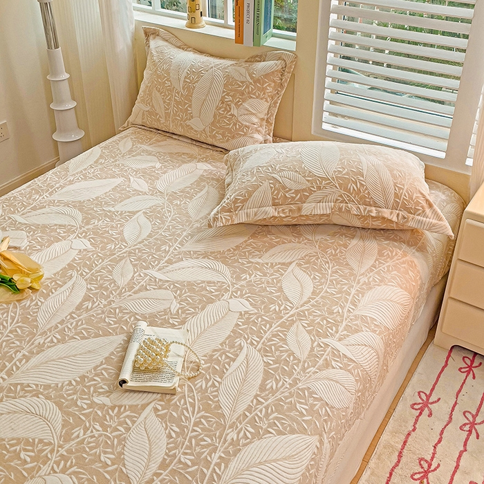 91家纺网 家纺一手货源 找家纺 名兮-2025新款立体高克重加厚浮雕绒单床笠款 千叶-咖