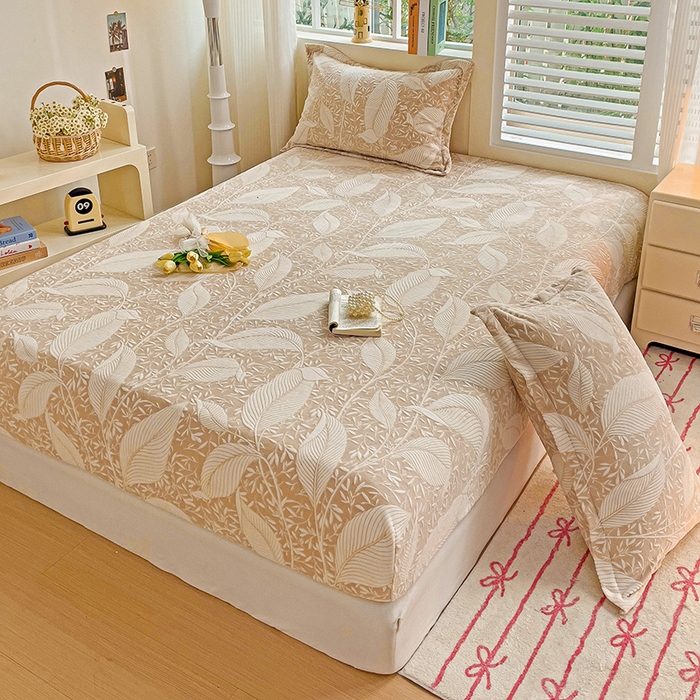 91家纺网 家纺一手货源 找家纺 名兮-2025新款立体高克重加厚浮雕绒单床笠款 千叶-咖